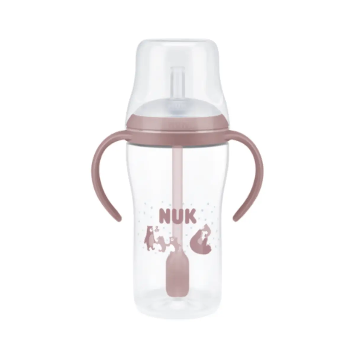 NUK Perfect Match -tuttipullo kahvoilla ja pillillä, 260 ml, Karhu, 8 kk+