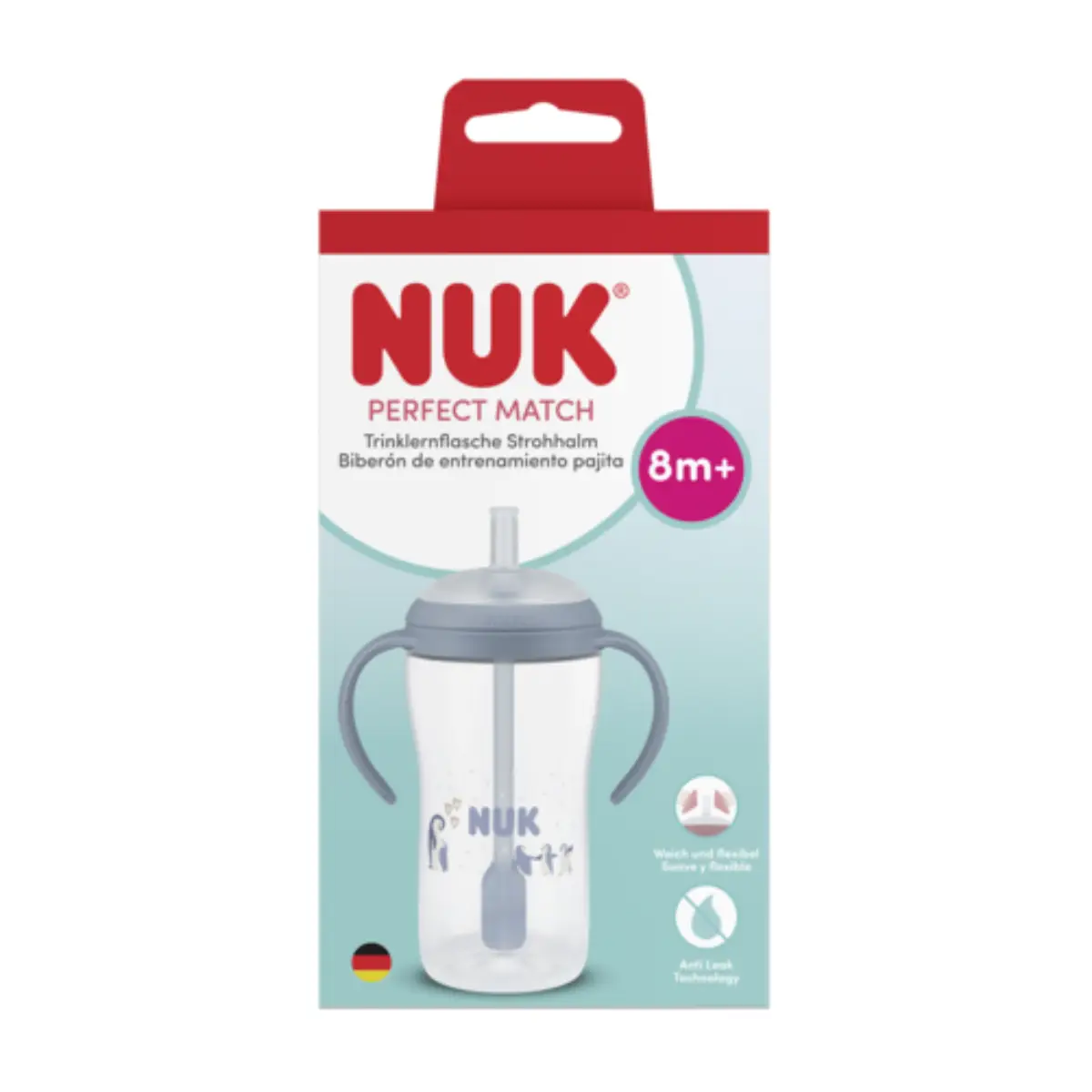 NUK Perfect Match -tuttipullo kahvoilla ja pillillä, 260 ml, pingviini, 8 kk+