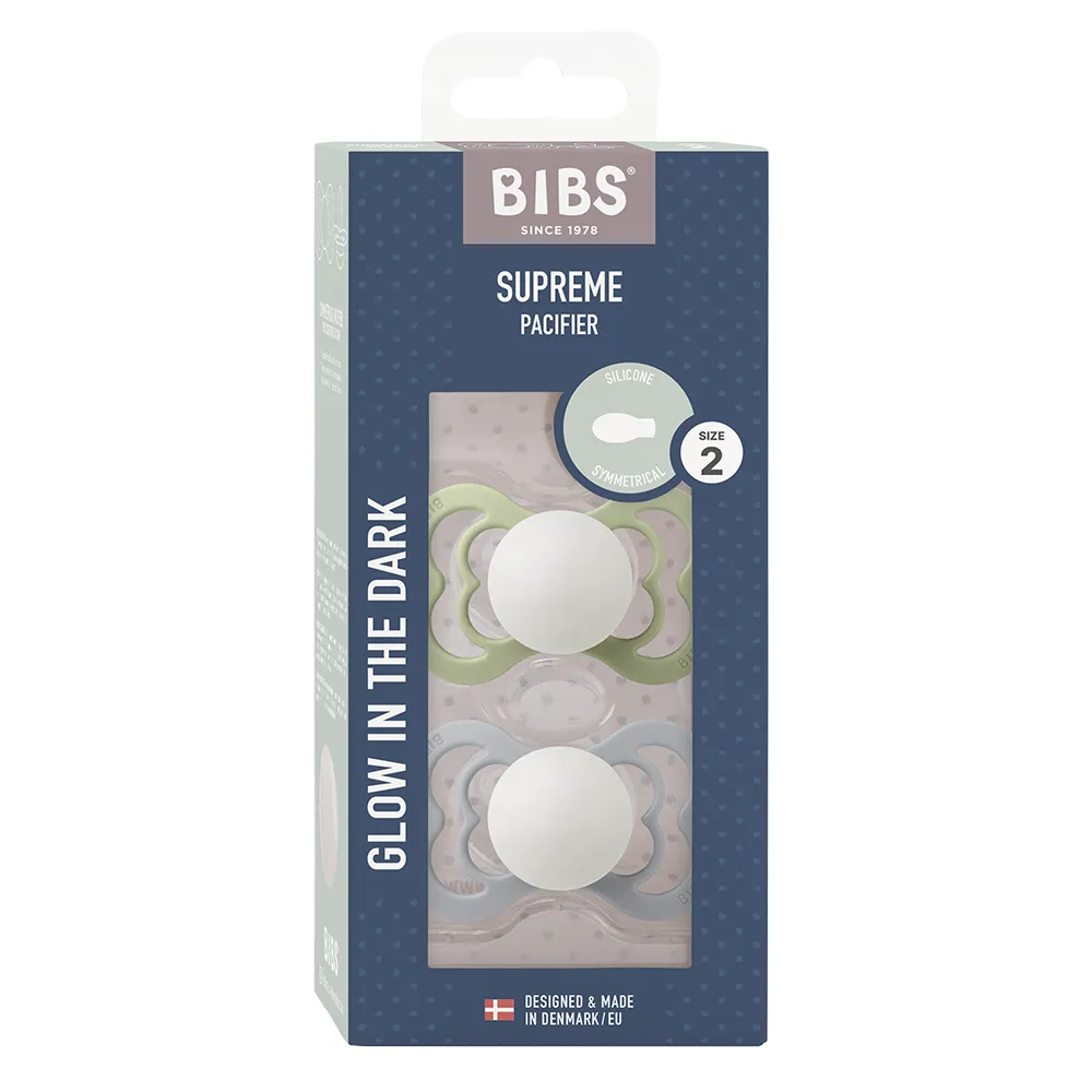 BIBS Supreme 2 PACK silikoni koko 2 Sage GLOW/Cloud GLOW
