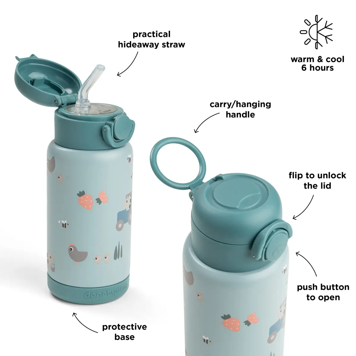 Done by Deer -eristetty pillipullo Tiny Farm Blue 340 ml