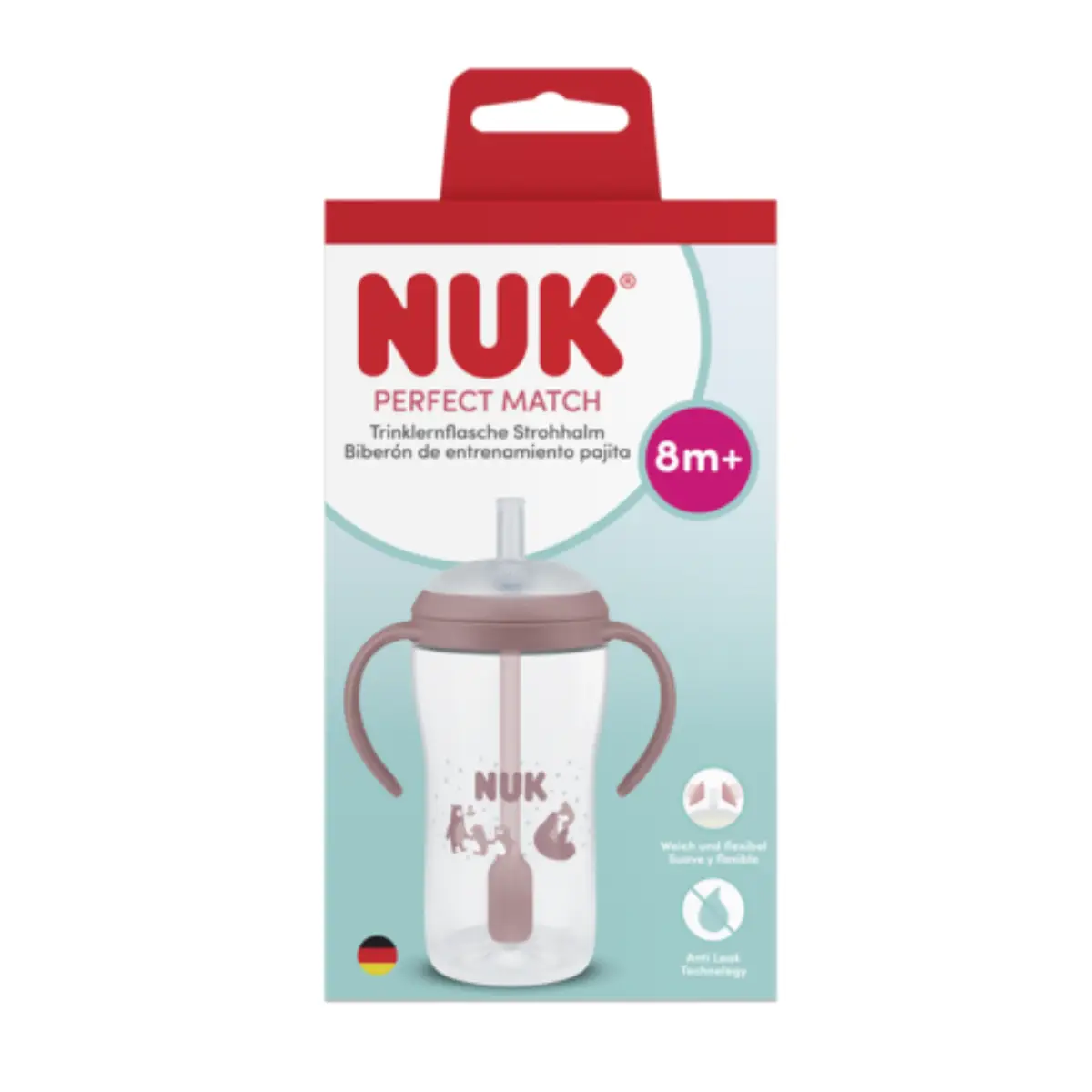 NUK Perfect Match -tuttipullo kahvoilla ja pillillä, 260 ml, Karhu, 8 kk+