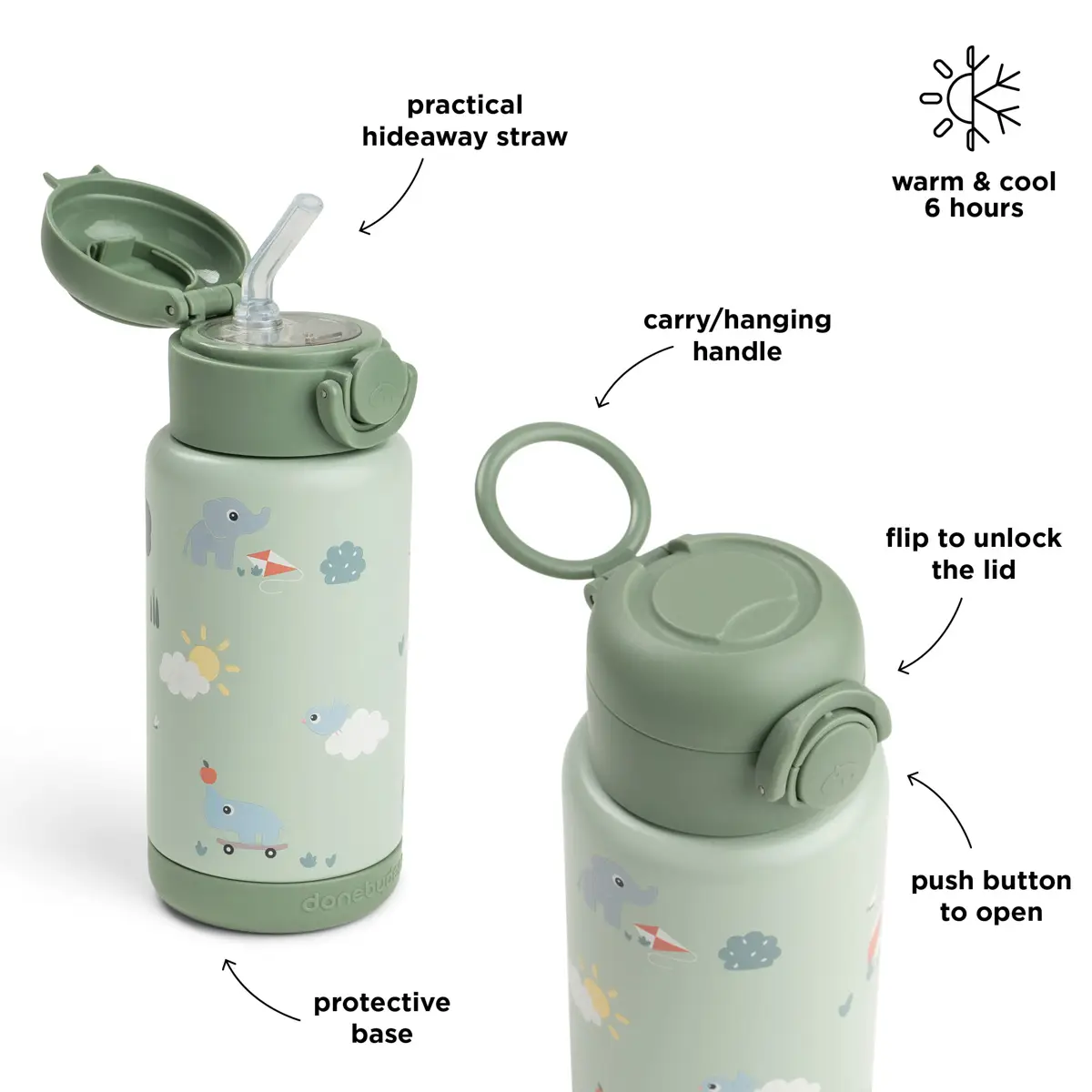 Done by Deer -eristetty juomapullo pillillä, Playground Green, 340 ml