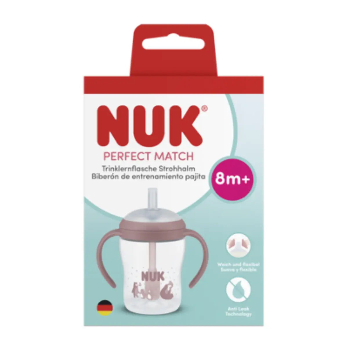 NUK Perfect Match -tuttipullo kahvoilla ja pillillä, 150 ml, Karhu, 8 kk+