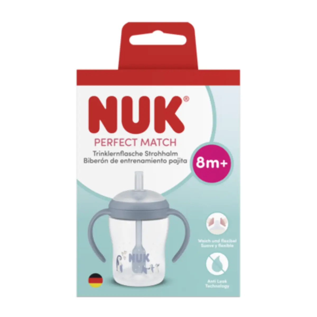 NUK Perfect Match -tuttipullo kahvoilla ja pillillä, 150 ml, pingviini, 8 kk+