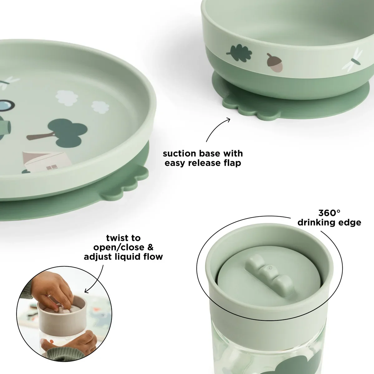 Done by Deer Foodie-ruokailusetti ja 360-asteen muki Tiny Trails Green